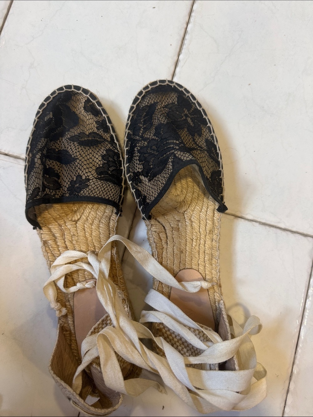 J. Crew Black Lace Espadrille Flats with Cream Wrap Ties